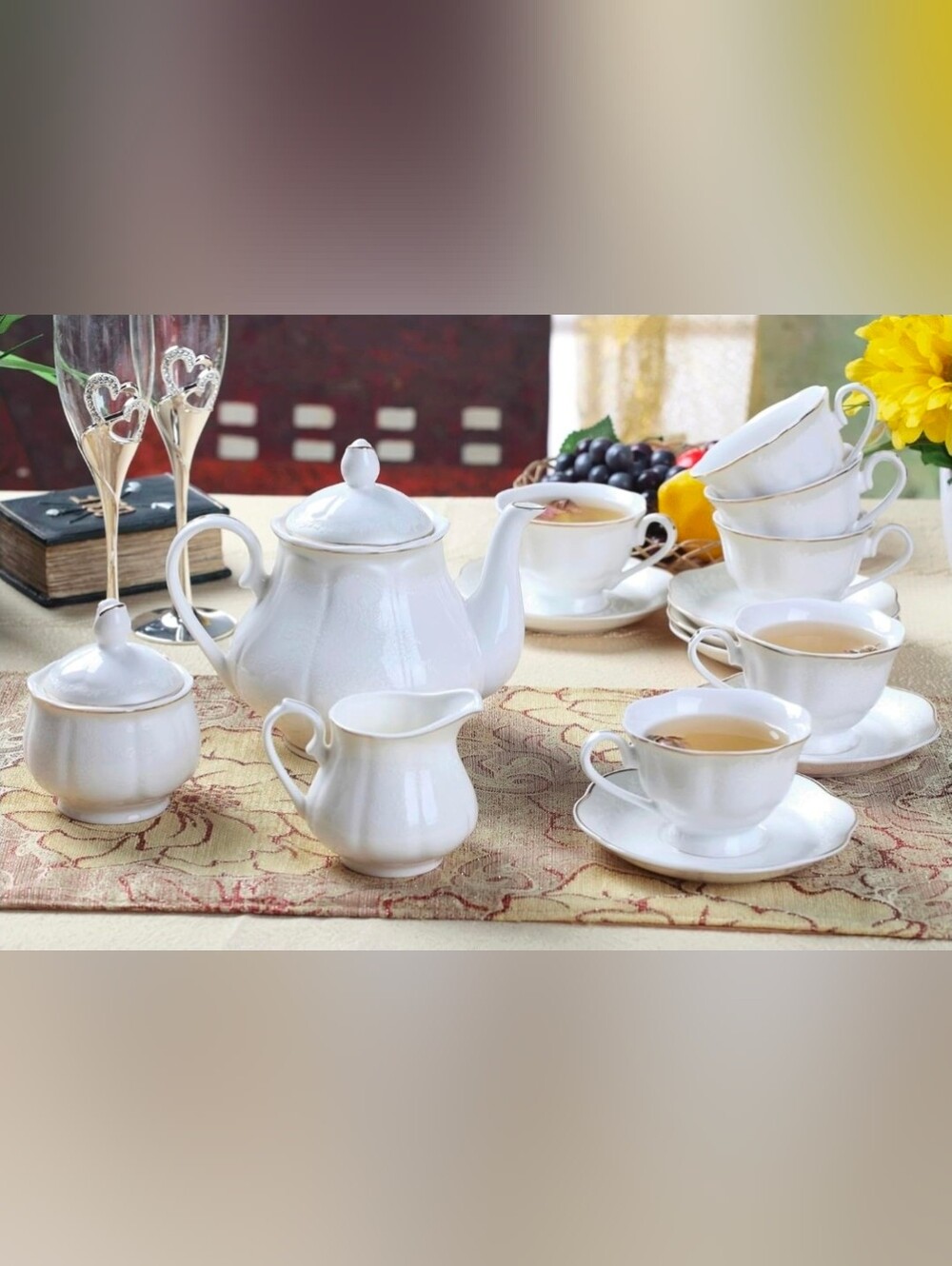 GuangYang 15-pcs Porcelain Tea set, Off White Embossed Pattern with Gold Trim